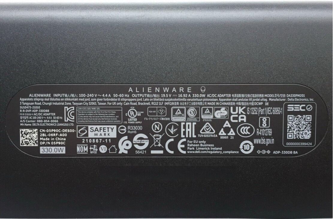 Originale 19.5V 16.92A 330W GaN Dell Alienware 17 R4 Adattatore + Cavo Originale 19.5V 16.92A 330W GaN Dell Alienware 17 R4 Adattatore + Cavo
